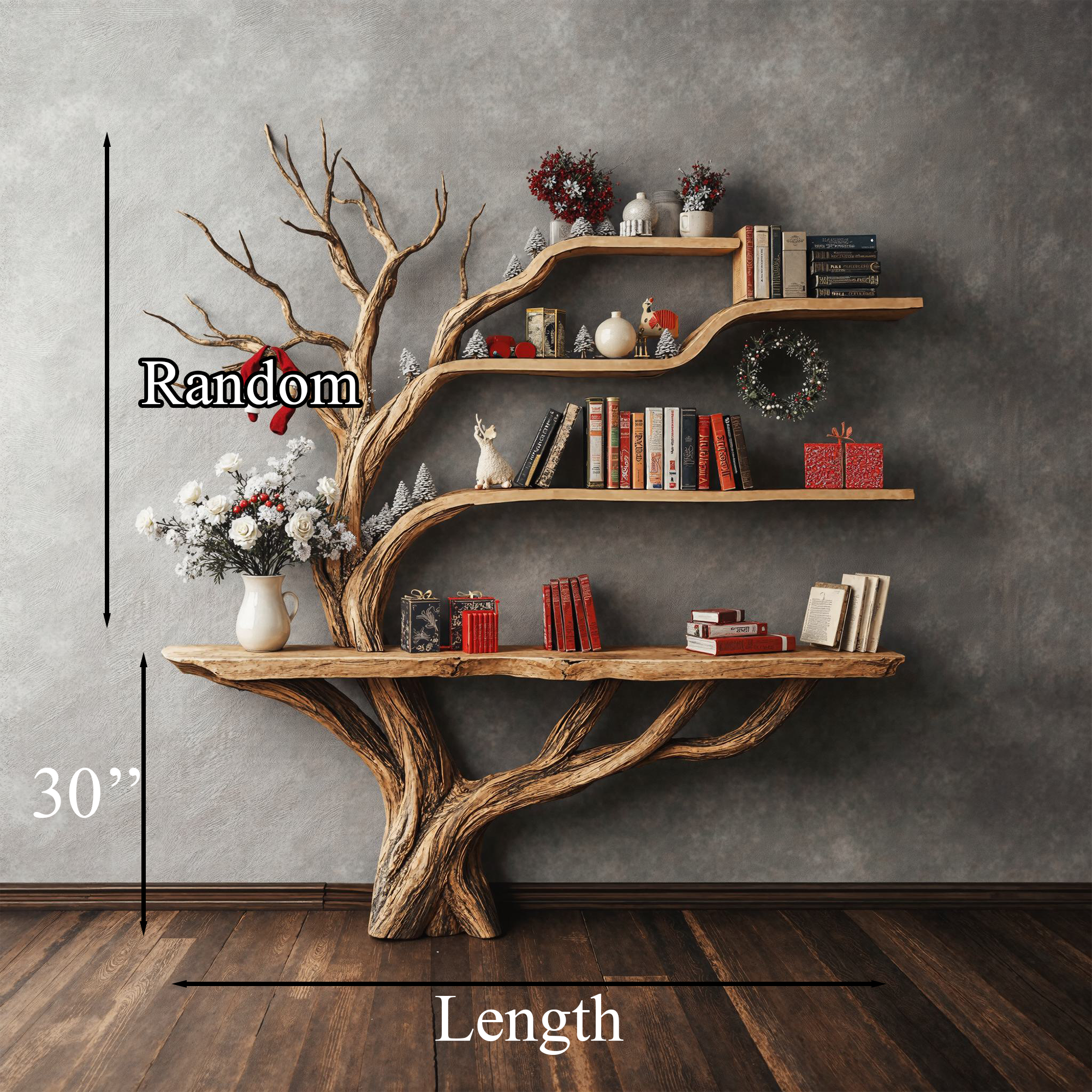 Narrow Floating Live Edge Side Table With Tree Bookshelf