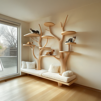 Rustic Cat Tree Organizer Wall Shelf Bedroom Seating Bench