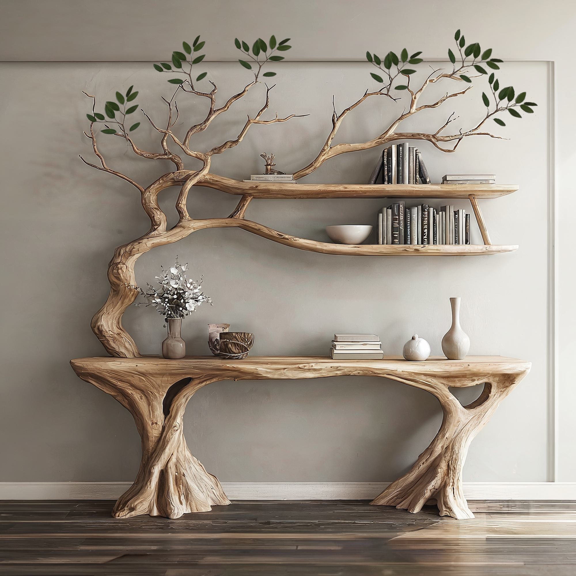 Console Narrow Table With Tree Branch Bookshelf