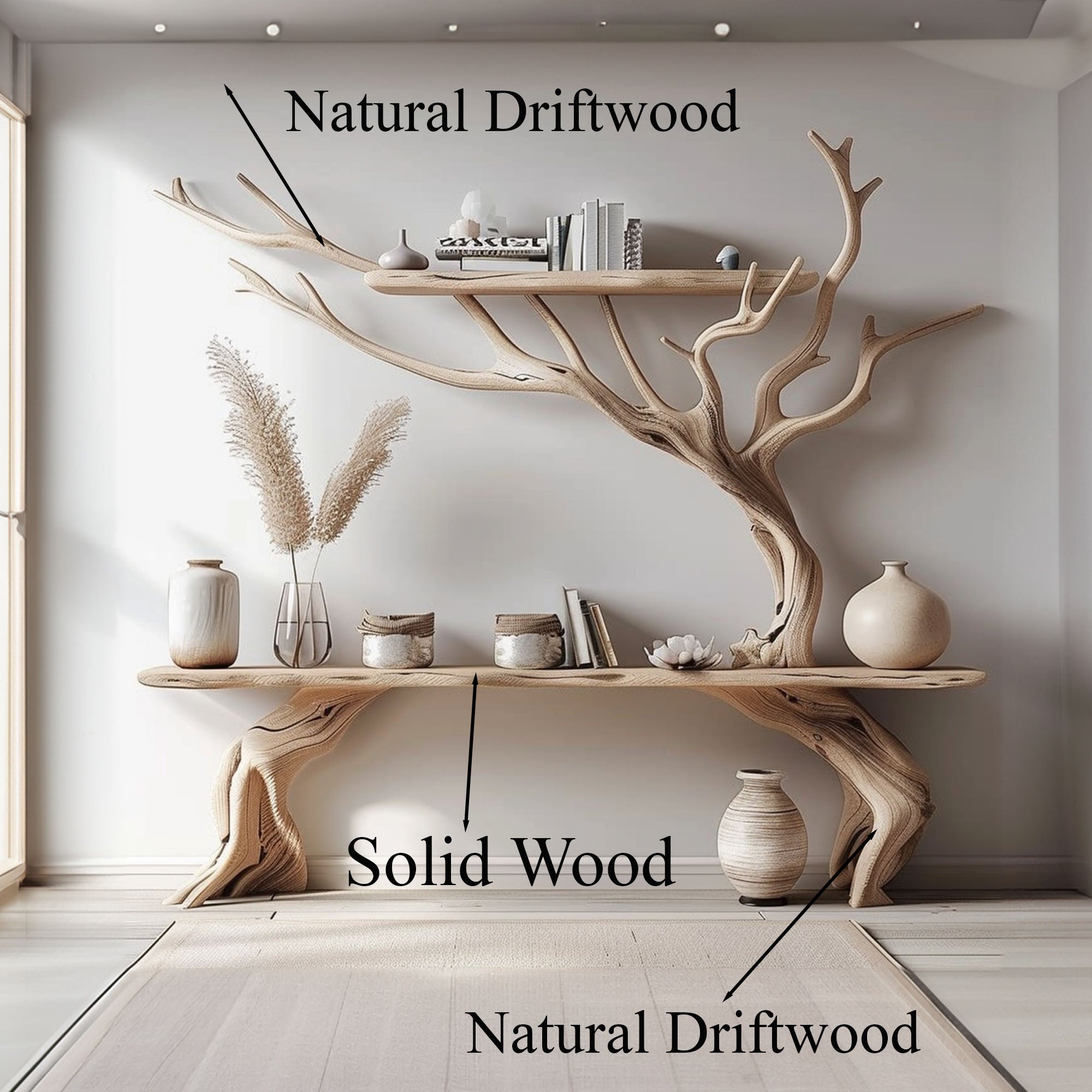 Driftwood Narrow Console Table With Tree Branch