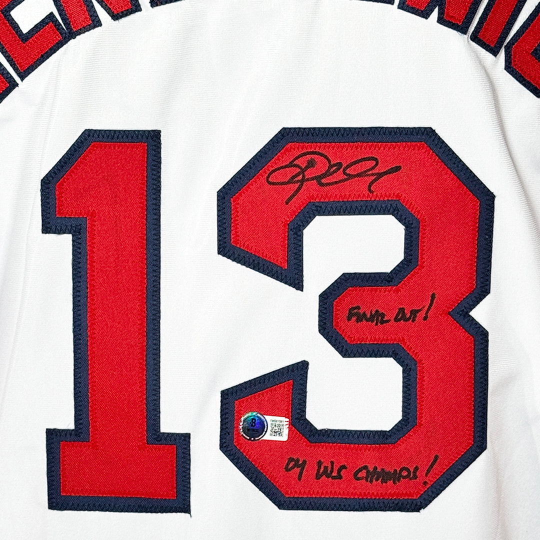 Doug Mientkiewicz Signed Final Out, 04 WS Champs Inscription Boston White Baseball Jersey (Beckett)