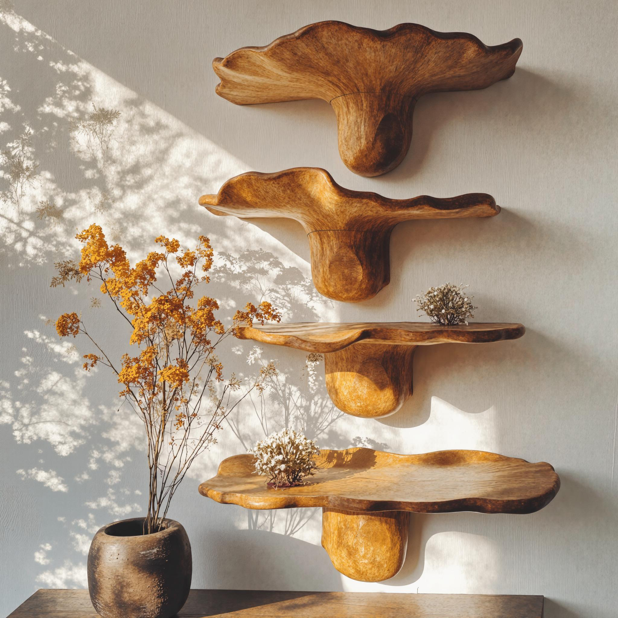 Handcrafted Mushroom Design Wood Shelf For Wall Art