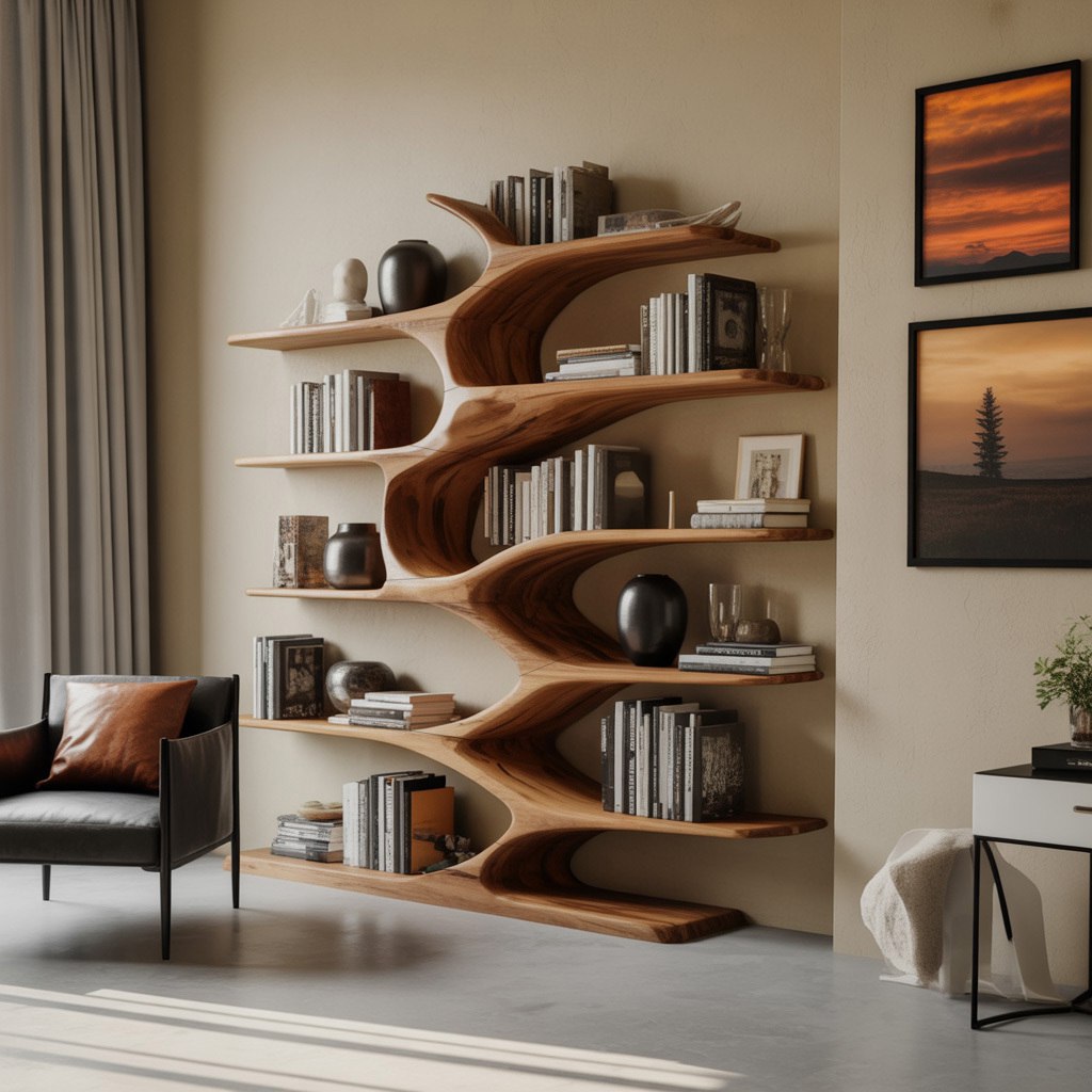 Modern Sculptural Bookshelf With Organic Design For Living Room