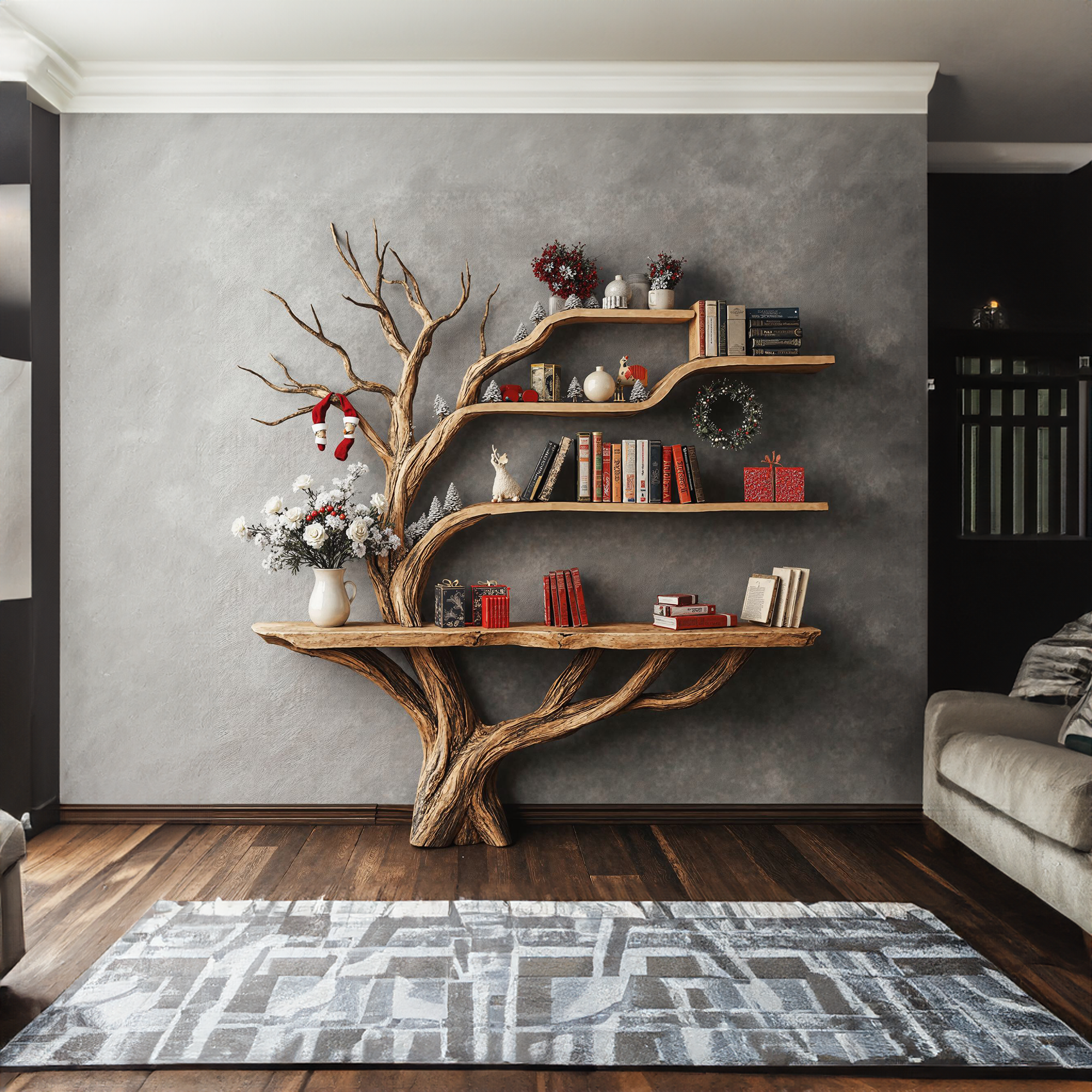 Narrow Floating Live Edge Side Table With Tree Bookshelf