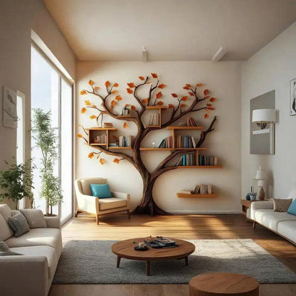 Rustic Tree Bookcase Wall Mouted Floating Shelf Decor Living Room Gift