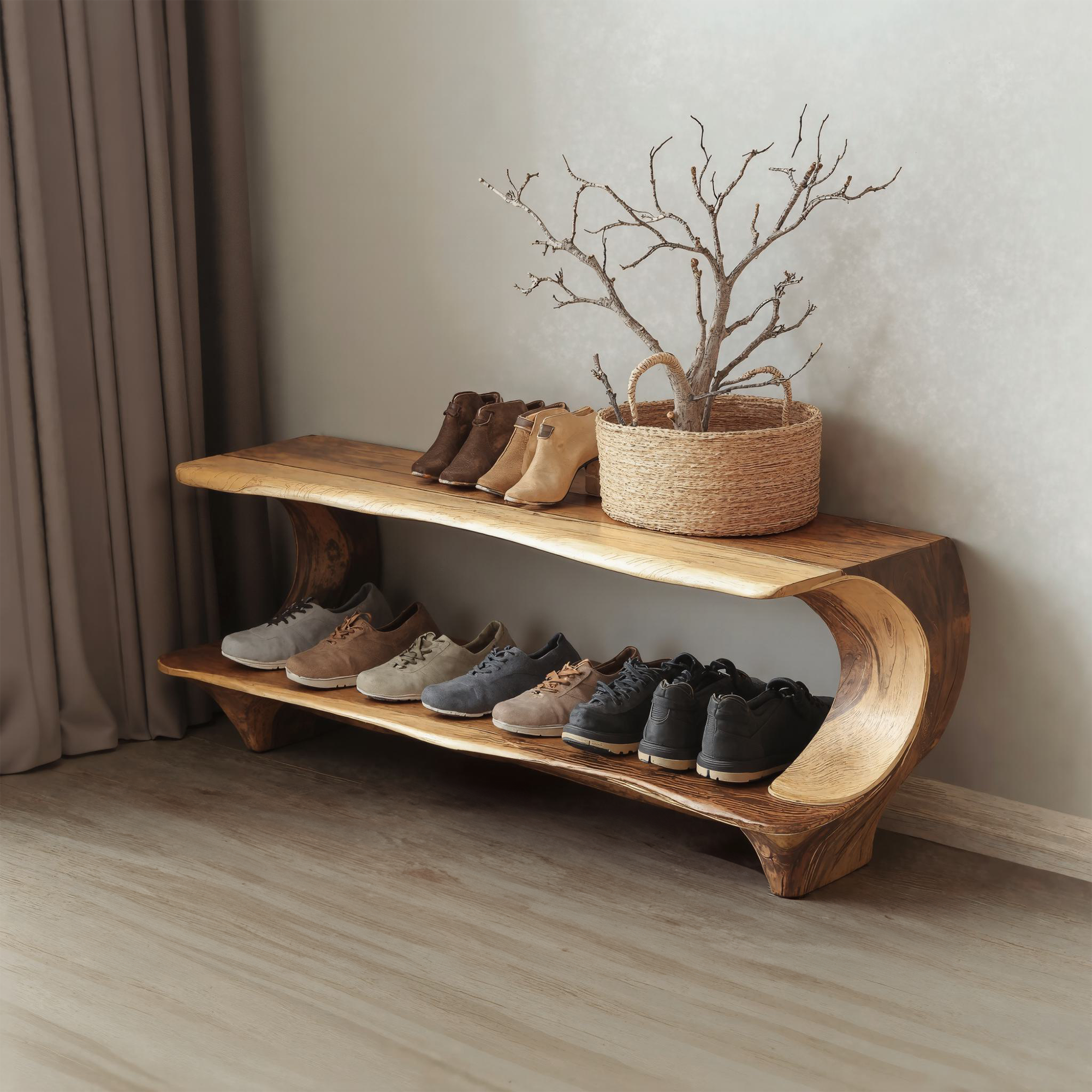 Solid Wood Entryway Narrow Shoe Rack Bench