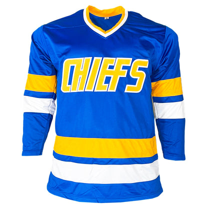 Slap shot Movie Signed Three Signature Old Time Hockey Inscription Blue Hockey Jersey (Beckett)