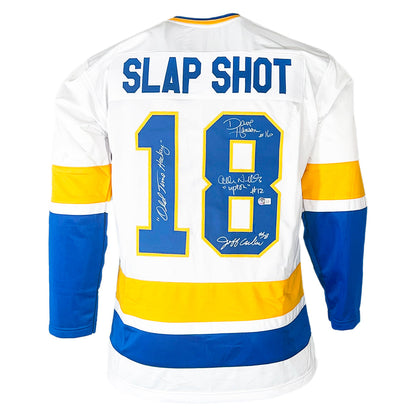 Slap shot Movie Signed Three Signature Old Time Hockey Inscription White Hockey Jersey (Beckett)