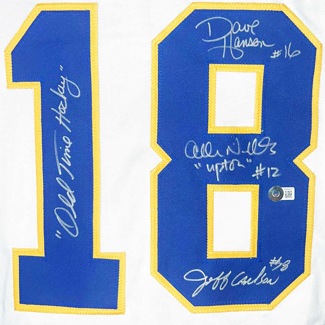 Slap shot Movie Signed Three Signature Old Time Hockey Inscription White Hockey Jersey (Beckett)