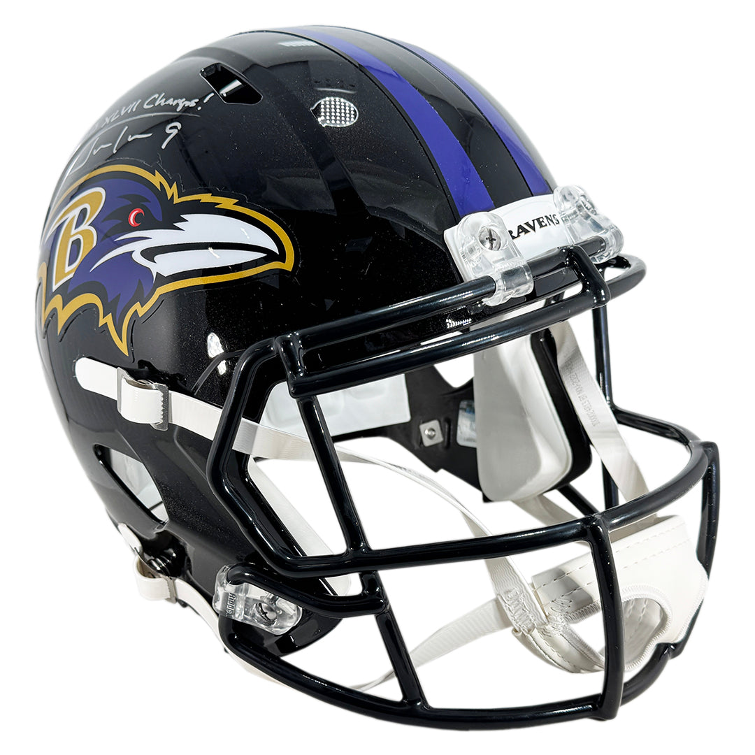 Justin Tucker Signed SB XLVII Champs! Inscription Baltimore Ravens Speed Full-Size Replica Football Helmet (Beckett)