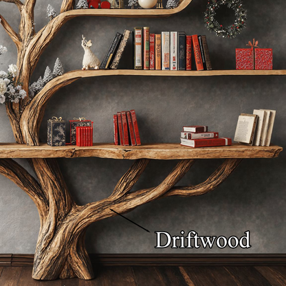 Narrow Floating Live Edge Side Table With Tree Bookshelf